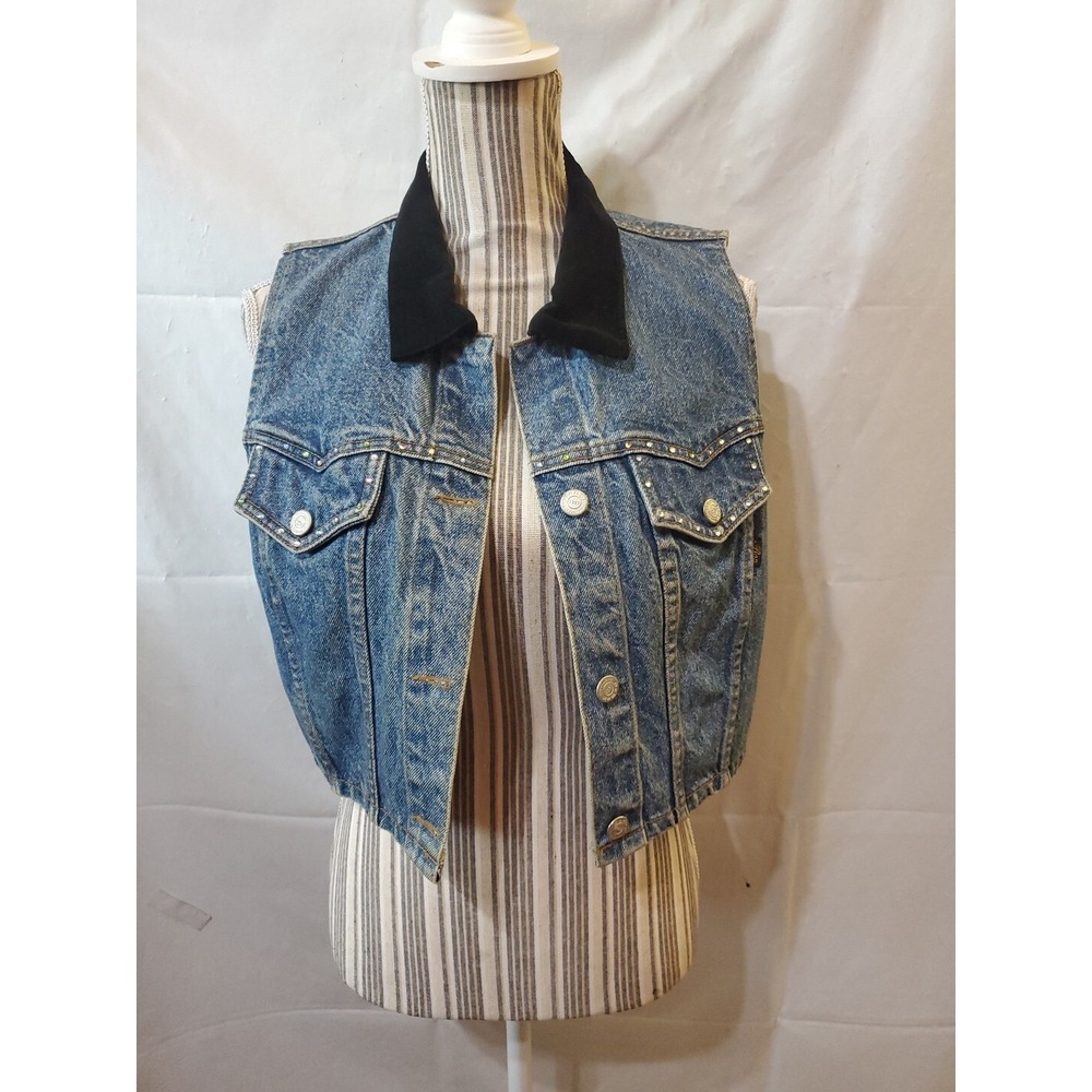 Be‎ Bop Vtg Blue Denim Vest Velvet Black Collar Bling Cropped Size Large Women